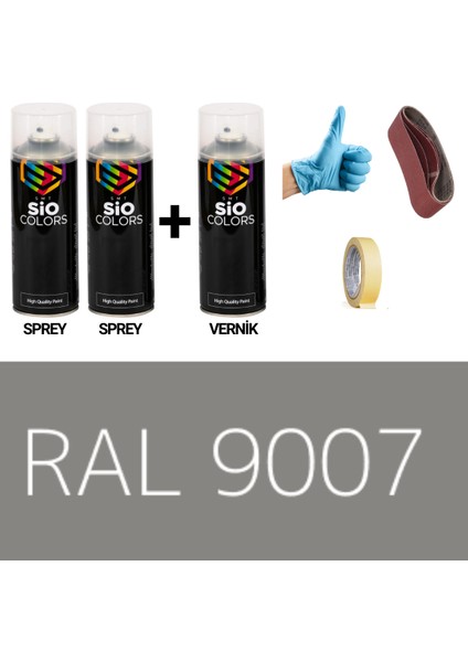 2 Adet Sprey + 1 Adet Vernik Alüminyum Gri RAL-9007 Sprey Boya Seti 400 Ml+Zımpara+Kağıtbant+Eldiven