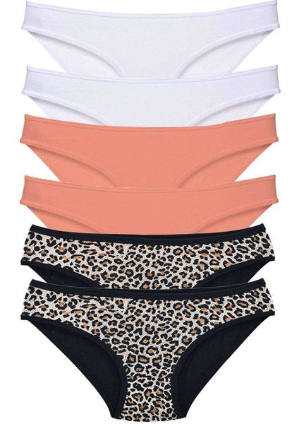 6 Adet Likralı Kadın Slip Külot Leopar Beyaz Pudra