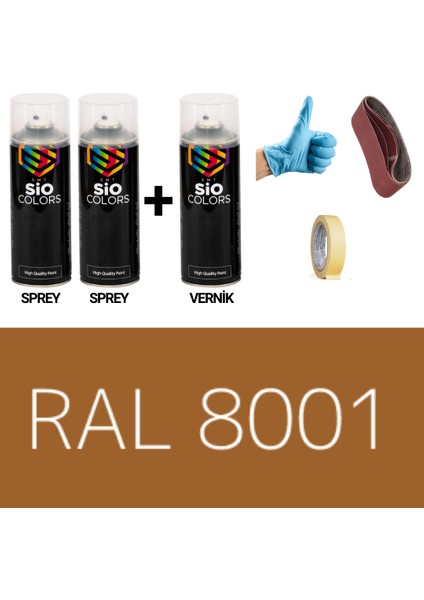 2 Adet Sprey + 1 Adet Vernik Koyu Sarı RAL-8001 Sprey Boya Seti 400 Ml+Zımpara+Kağıtbant+Eldiven