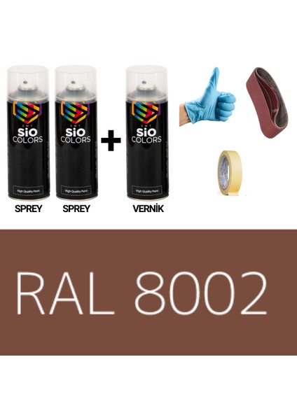 2 Adet Sprey + 1 Adet Vernik Sinyal Kahve RAL-8002 Sprey Boya Seti 400 Ml+Zımpara+Kağıtbant+Eldiven