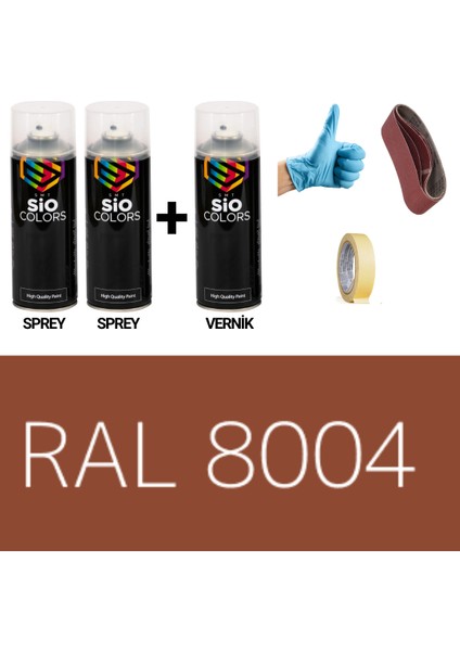 2 Adet Sprey + 1 Adet Vernik Bakır Kahve RAL-8004 Sprey Boya Seti 400 Ml+Zımpara+Kağıtbant+Eldiven