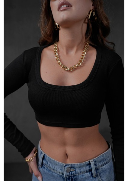 Kadın Siyah Açık Yaka Uzun Kollu Fitilli Örme Crop Bluz 28209