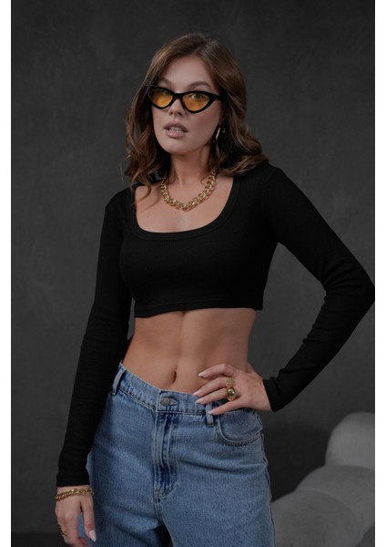 Kadın Siyah Açık Yaka Uzun Kollu Fitilli Örme Crop Bluz 28209