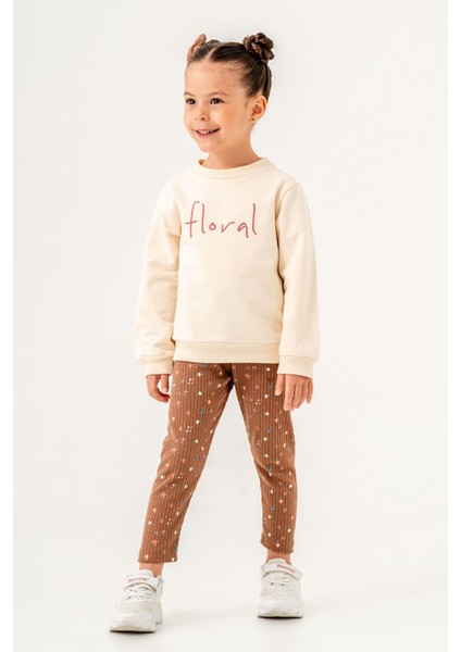 Kız Çocuk Çiçek Desenli Kışlık 3 Iplik Pamuklu Sweatshirt Tayt Alt-Üst Tokalı Takım