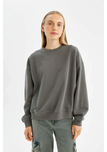 Coool Oversize Geniş Kalıp Bisiklet Yaka Kalın Basic Düz Sweatshirt A4177AX24WN