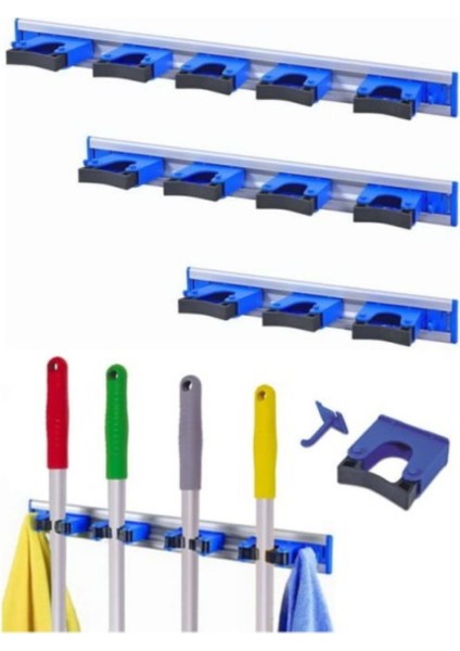 Pratik ve dayanıklı duvara monte mop askısı, 5 askılı tasarım, mavi renk, TR menşei fiyatları