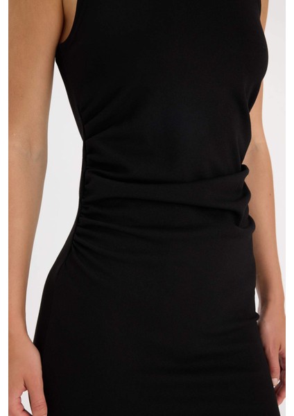 Bodycon Vücudu Saran Basic Düz Yarım Balıkçı Yaka Kolsuz Maxi Siyah Elbise D5067AX24AU