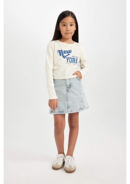 Kız Çocuk Cropped Fit Bisiklet Yaka Baskılı Ribana Uzun Kollu Tişört D2987A824AU fiyatları