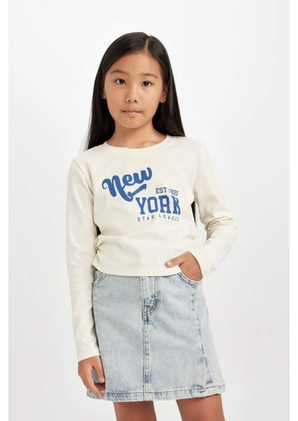 Kız Çocuk Cropped Fit Bisiklet Yaka Baskılı Ribana Uzun Kollu Tişört D2987A824AU modelleri