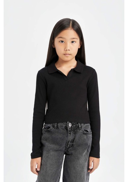 Kız Çocuk Cropped Fit Polo Yaka Basic Düz Fitilli Kaşkorse Uzun Kollu Tişört D3367A824AU