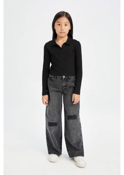 Kız Çocuk Cropped Fit Polo Yaka Basic Düz Fitilli Kaşkorse Uzun Kollu Tişört D3367A824AU fiyatları