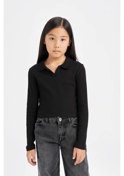 Kız Çocuk Cropped Fit Polo Yaka Basic Düz Fitilli Kaşkorse Uzun Kollu Tişört D3367A824AU modelleri