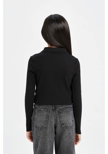 Kız Çocuk Cropped Fit Polo Yaka Basic Düz Fitilli Kaşkorse Uzun Kollu Tişört D3367A824AU fırsatları