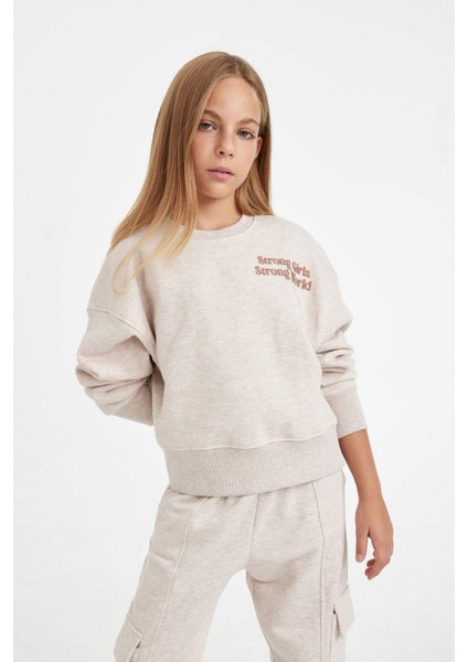 Kız Çocuk Relax Fit Bisiklet Yaka Baskılı Sweatshirt D2886A824WN