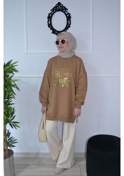 Pamuklu Önü Pullu Spor Tesettür Sweat Tunik