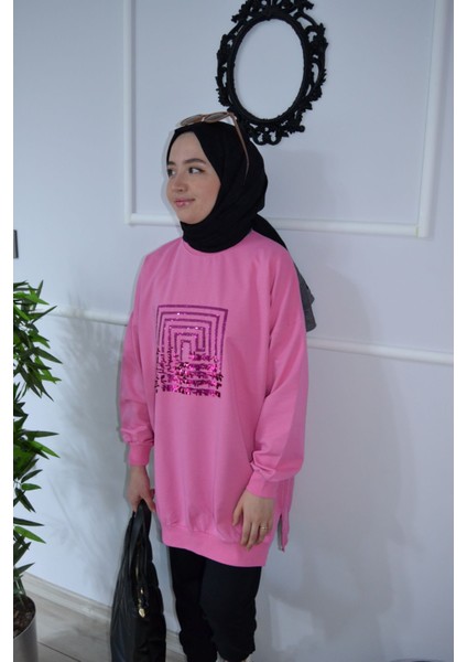 Pamuklu Önü Pullu Spor Tesettür Sweat Tunik