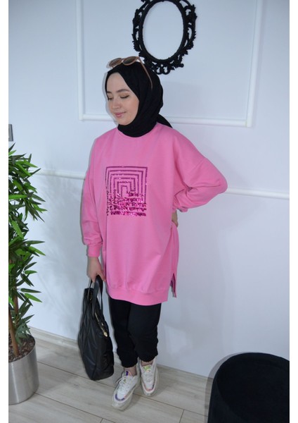 Pamuklu Önü Pullu Spor Tesettür Sweat Tunik