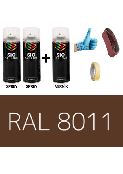 2 Adet Sprey + 1 Adet Vernik Fındık Kahve RAL-8011 Sprey Boya Seti 400 Ml+Zımpara+Kağıtbant+Eldiven