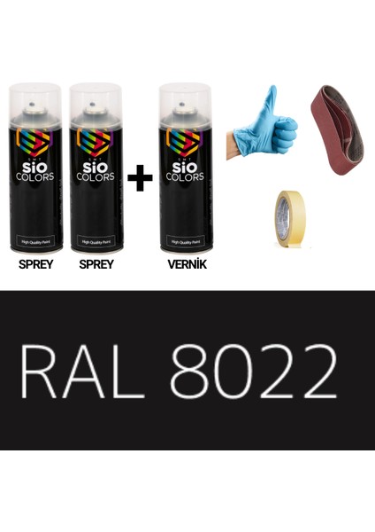 2 Adet Sprey + 1 Adet Vernik Siyah Kahve RAL-8022 Sprey Boya Seti 400 Ml+Zımpara+Kağıtbant+Eldiven