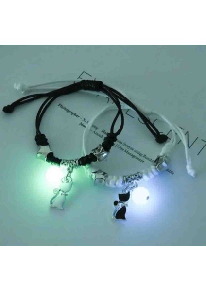 Dostluk Bilekliği , 2 Adet Siyah ve Beyaz , Kedi Motifli Bileklik