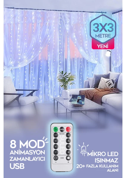 Beyaz Perde LED 3x3 Metre Kumandalı 8 Mod Ambiyans Ayarlanabilir Boy Dekor Mikro LED Işık Perde