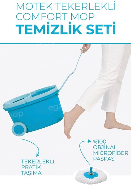 Tekno Trust Motek Tekerlekli Mop Temizlik Seti Kaymaz Kilitli Sap Sistemi ve %100 Microfiber Paspas