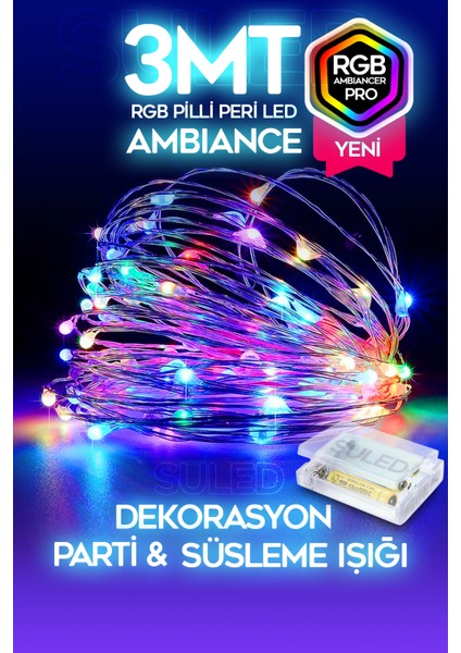 3 Metre Pilli Rgb Peri LED İnce Tel Dekoratif Lambası Renkli Dekor Perde Ledli Bahçe Oda Kafe Duvar