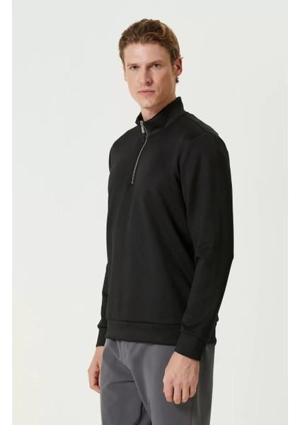 Unisex Uzun Kol Yarım Farmuarlı Yakalı Basic Sweatshirt - Siyah fırsatları