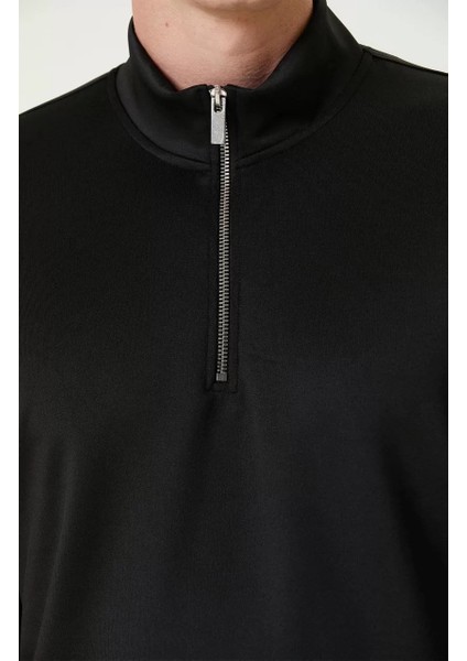 Unisex Uzun Kol Yarım Farmuarlı Yakalı Basic Sweatshirt - Siyah indirimleri