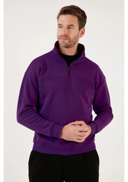 Oversize Yarım Farmuarlı Yakalı Basic Sweatshirt - Mor