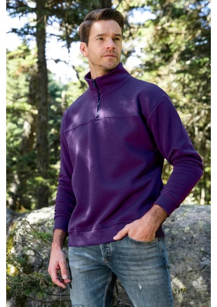 Oversize Yarım Farmuarlı Yakalı Basic Sweatshirt - Mor fiyatları