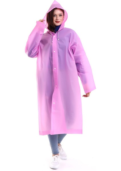 Kadın Erkek Pembe Kapüşonlu Yağmurluk, Şemsiye, Çıtçıtlı, Dokuma, Düz Tasarım