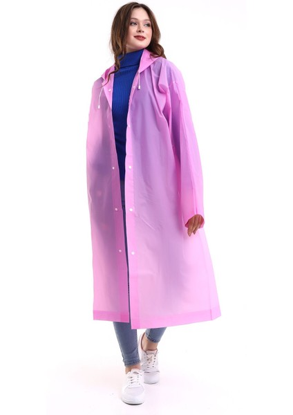 Kadın Erkek Pembe Kapüşonlu Yağmurluk, Şemsiye, Çıtçıtlı, Dokuma, Düz Tasarım