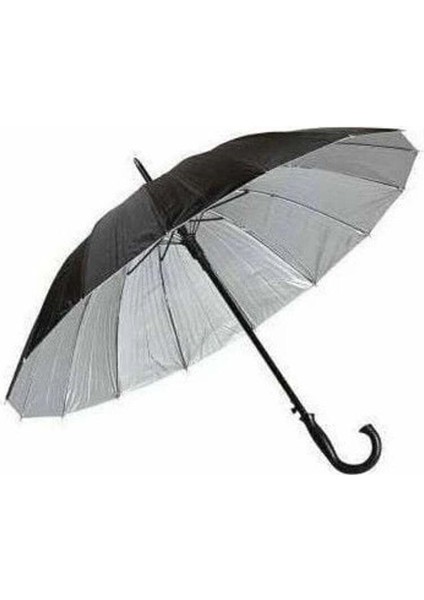 16 Telli Siyah Uzun Baston Şemsiye, Düz Desen, Dokuma Kumaş