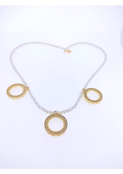 Çeyrek Altın Takmak Için Altın Kaplama Çerçeveli 3'lü Incili Kolye 56 cm 4mm Cam Inci