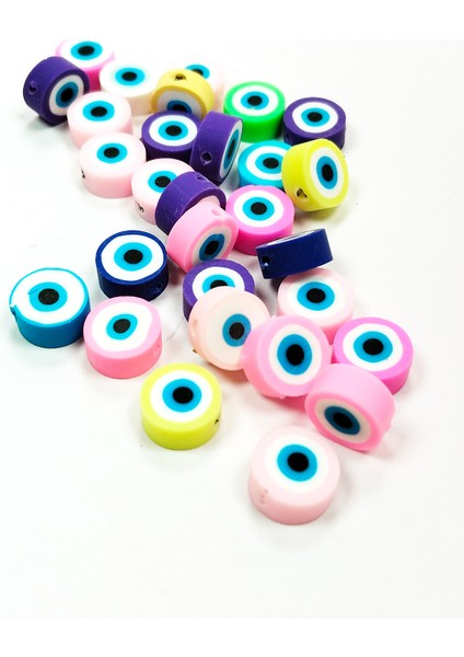 90 Adet 10 mm Polimer Kil Fimo Boncuk Takı Bileklik + 5 Metre Misina Hediye - Smile - Nazar - Love