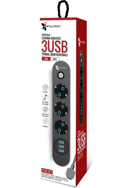 3 Priz 3xusb 2mt Kablo Anahtarlı 10A Akım Korumalı Priz TGFTR01