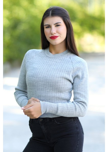 Kadın Gri Fitilli Crop Triko Kazak Kısa Model Akrilik Kumaş Ribanalı - 3122 fiyatları