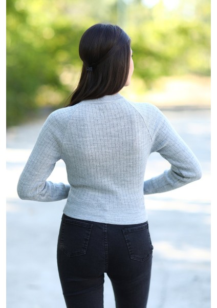 Kadın Gri Fitilli Crop Triko Kazak Kısa Model Akrilik Kumaş Ribanalı - 3122 modelleri
