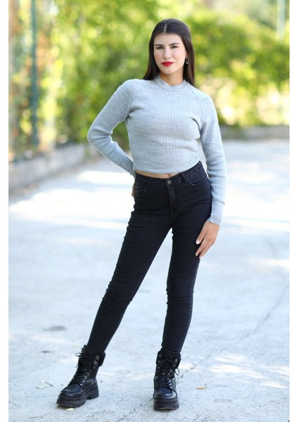 Kadın Gri Fitilli Crop Triko Kazak Kısa Model Akrilik Kumaş Ribanalı - 3122 fırsatları