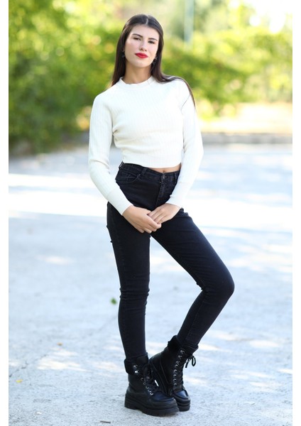 Kadın Bej Fitilli Crop Triko Kazak Kısa Model Akrilik Kumaş Ribanalı - 3122