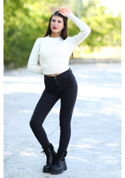 Kadın Bej Fitilli Crop Triko Kazak Kısa Model Akrilik Kumaş Ribanalı - 3122