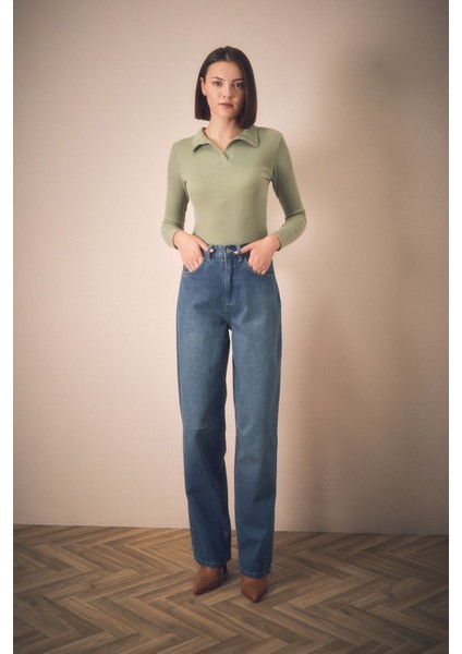 Fermuarlı Beli Tokalı Palazzo Jean