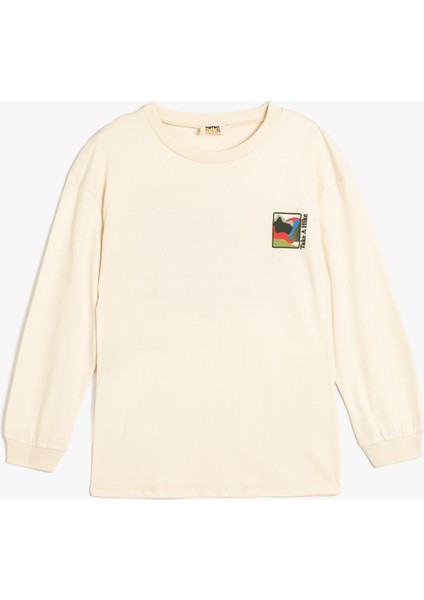 Oversize Tişört Baskı Detaylı Uzun Kollu Bisiklet Yaka Pamuklu