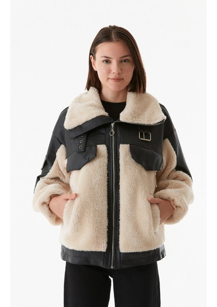 Çift Cepli Suni Deri Detaylı Peluş Mont