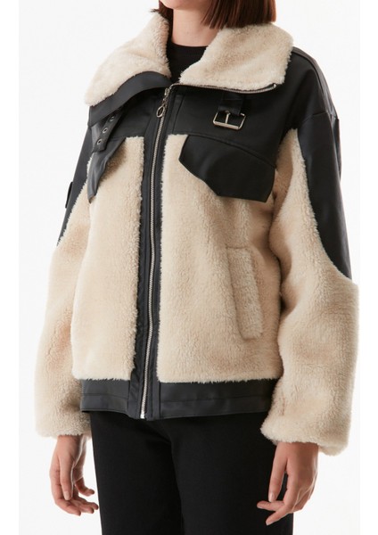Çift Cepli Suni Deri Detaylı Peluş Mont indirimleri