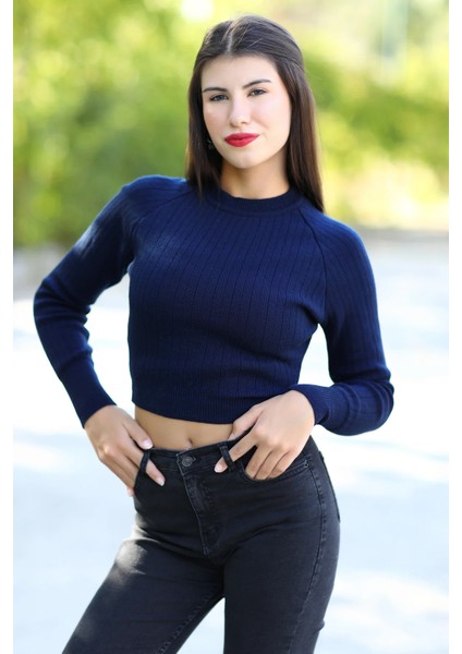 Kadın Lacivert Fitilli Crop Triko Kazak Kısa Model Akrilik Kumaş Ribanalı - 3122