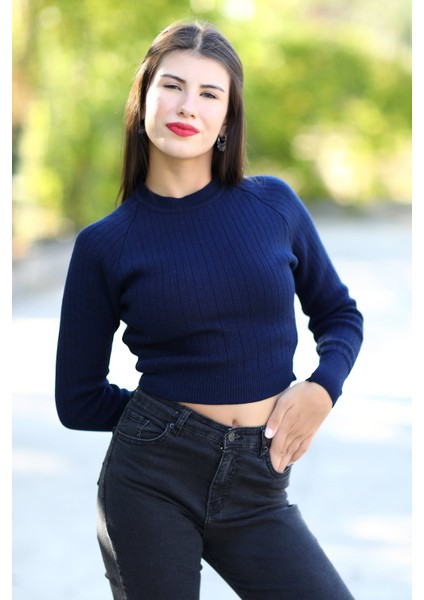 Kadın Lacivert Fitilli Crop Triko Kazak Kısa Model Akrilik Kumaş Ribanalı - 3122 fiyatları