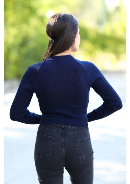 Kadın Lacivert Fitilli Crop Triko Kazak Kısa Model Akrilik Kumaş Ribanalı - 3122 modelleri