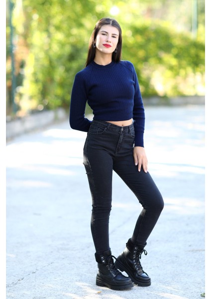 Kadın Lacivert Fitilli Crop Triko Kazak Kısa Model Akrilik Kumaş Ribanalı - 3122 fırsatları